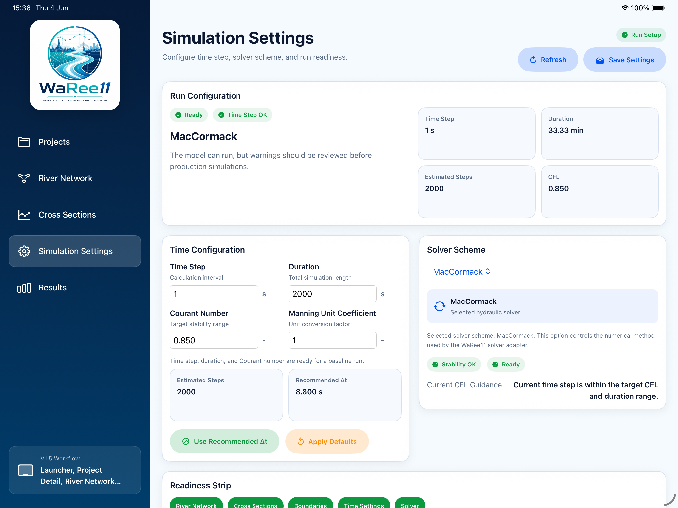 WaRee11 Simulation Settings screen